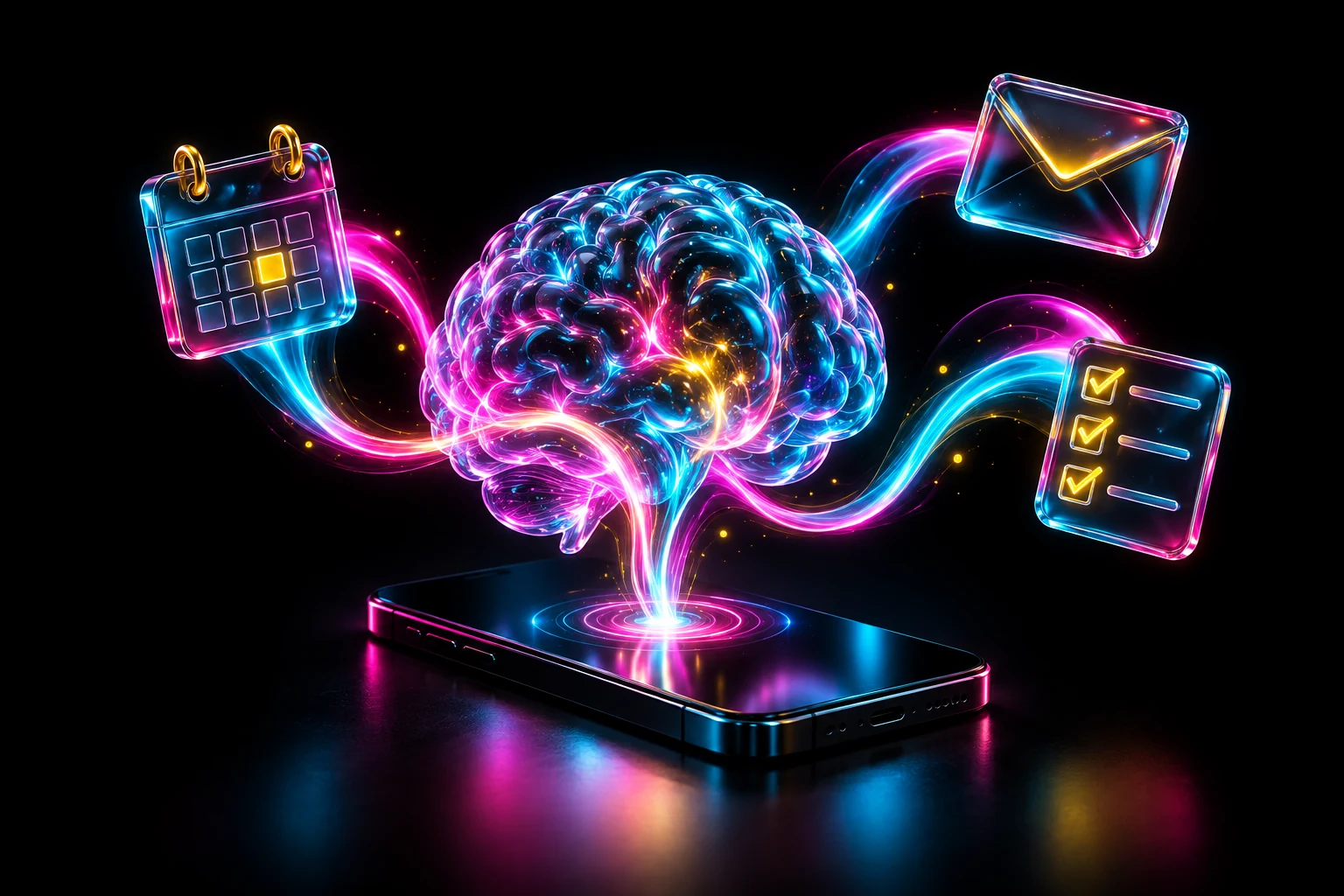 Neon glass brain and phone